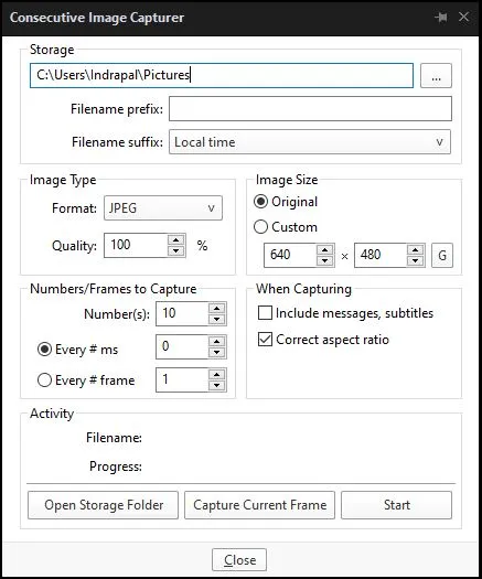 POT Player consecutive image capture dialog with frame settings