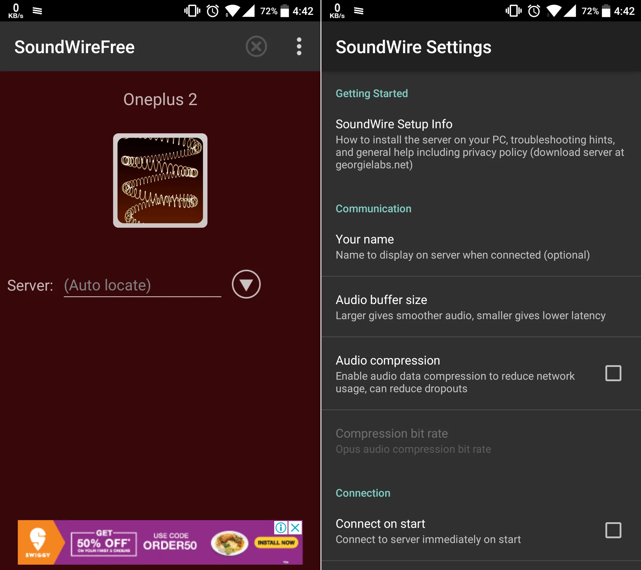 SoundWire app streaming audio from Windows PC to smartphone