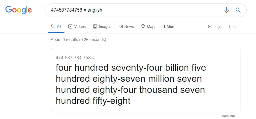 Google converting a long number into its English word form