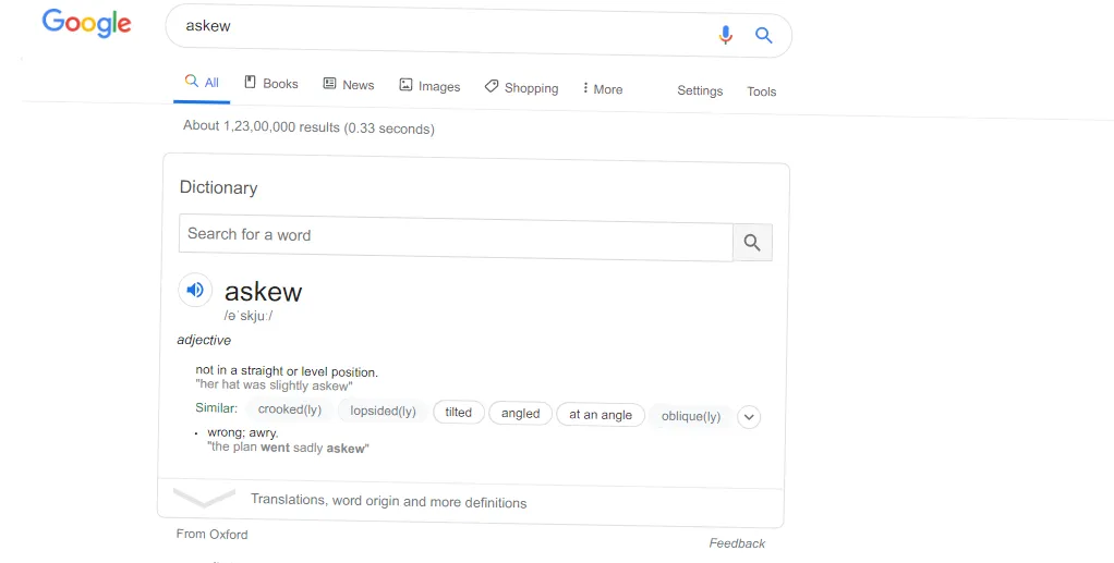 Google search page tilted at an angle after searching askew