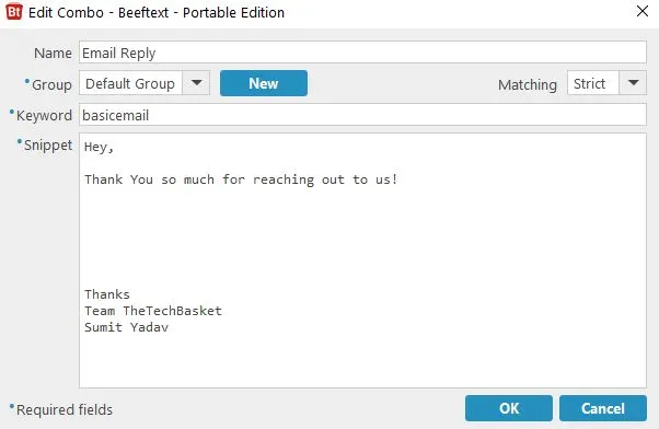 Beeftext text expansion replacing a shortcode with full text