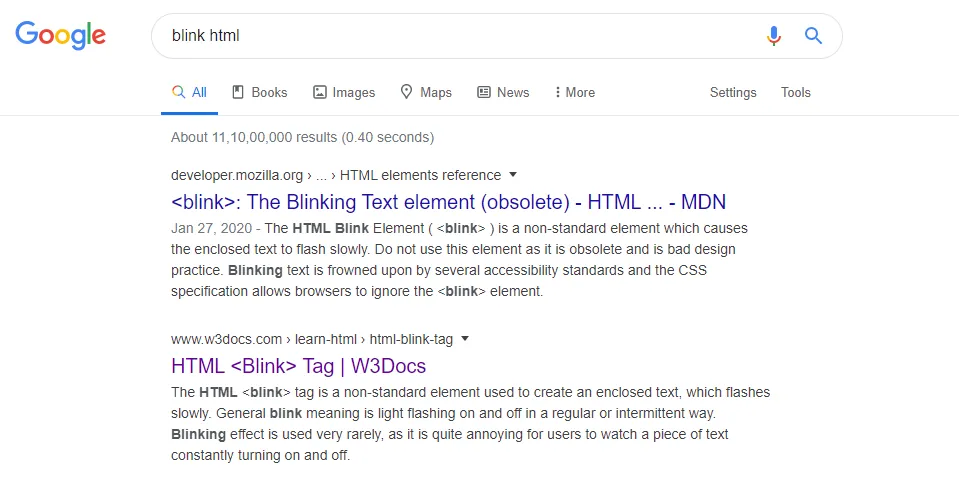 Search results with HTML and Blink text flashing on page