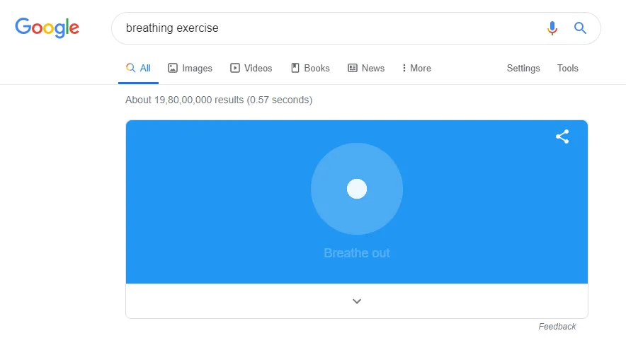 Google guided breathing exercise with expanding circle animation