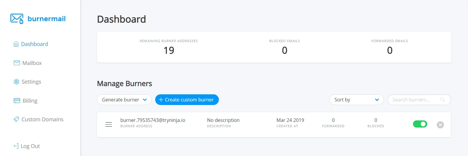 burnermail dashboard