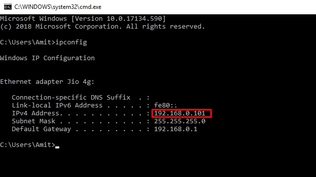 Command Prompt showing ipconfig with local IPv4 address