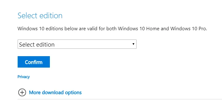 Windows 10 download page with the edition selector for creating install media