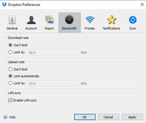 dropbox lan sync bandwidth setting