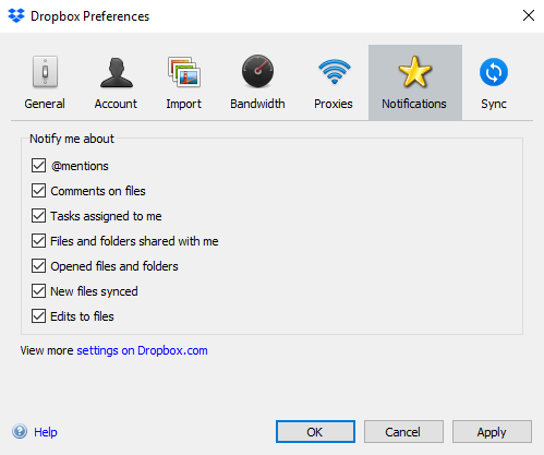 dropbox notification setting