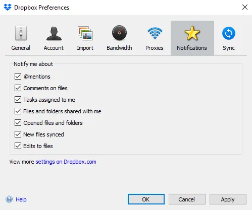 Dropbox desktop notification preferences panel