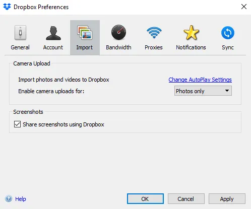 Dropbox import settings with screenshot sharing enabled