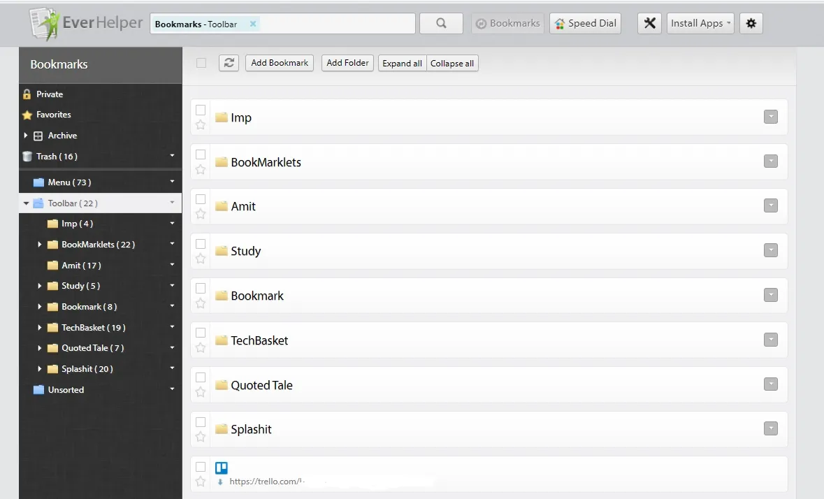 Everhelper client page showing uploaded bookmarks