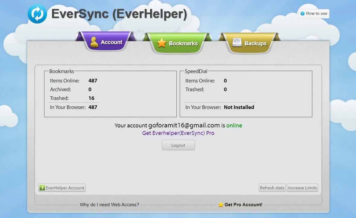 Eversync backup tab showing total bookmarks and quota usage