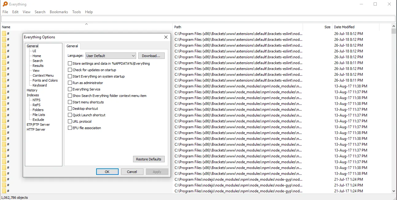 Everything search utility main window with file results