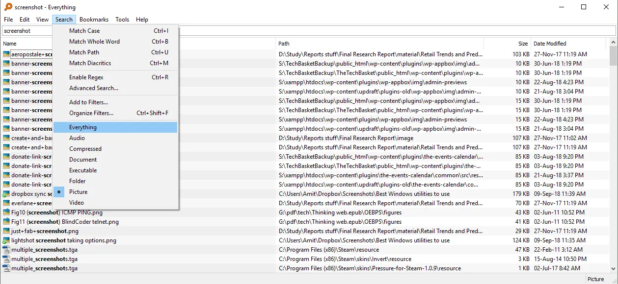 Everything search advanced options and filters menu