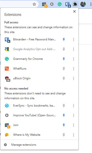 Chrome extensions menu with pin buttons
