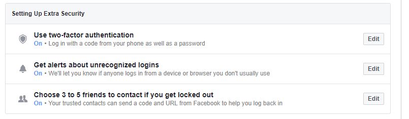 facebook settings extra security screen facebook settings extra security screen
