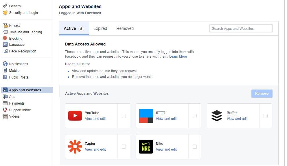 facebook settings screen Apps and websites authorized facebook settings screen Apps and websites authorized