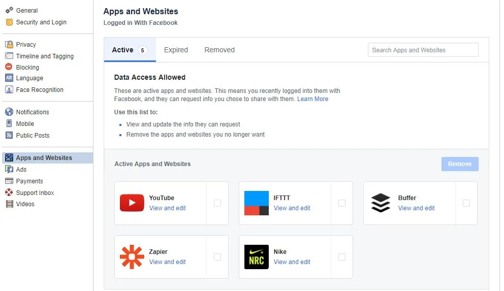 facebook settings screen Apps and websites authorized facebook settings screen Apps and websites authorized