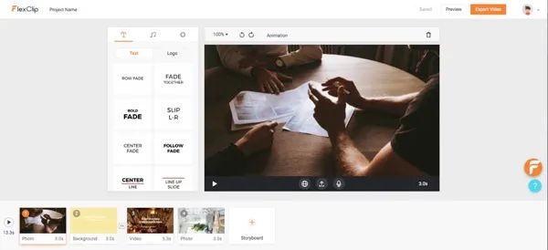 FlexClip browser editor with text overlay and stock media