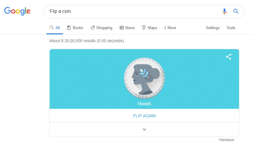 Google coin flip showing heads or tails result