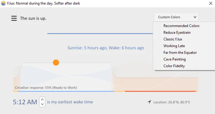 F.lux color temperature options and settings panel