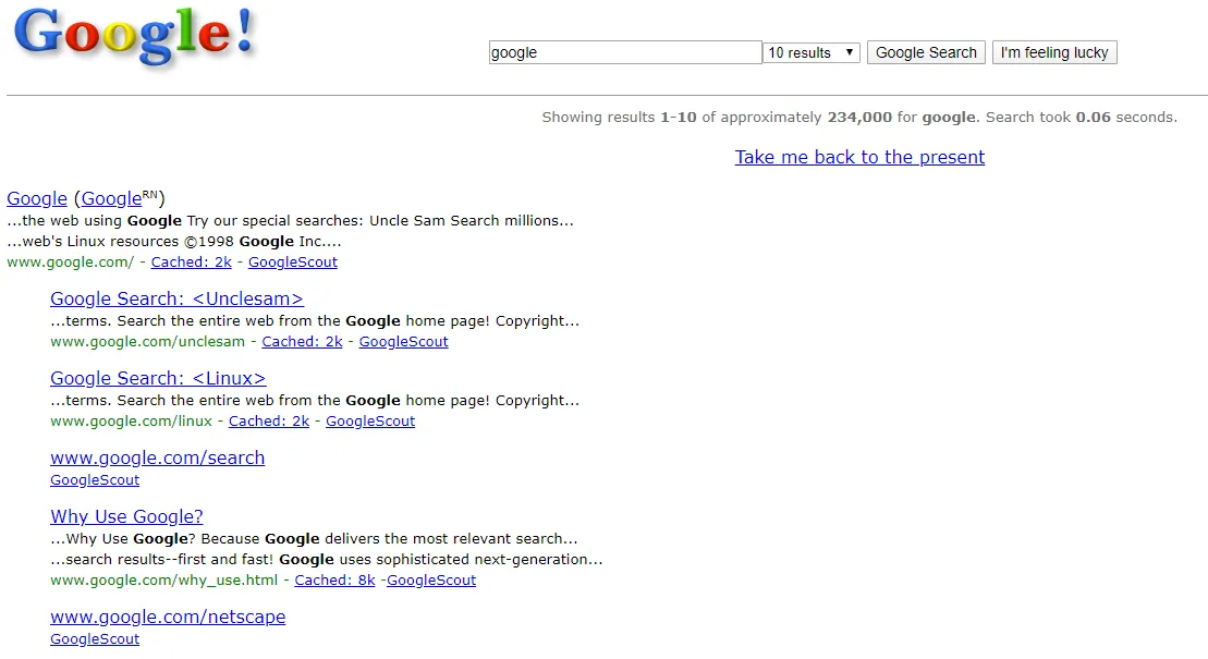 Retro Google homepage from 1998 with original logo