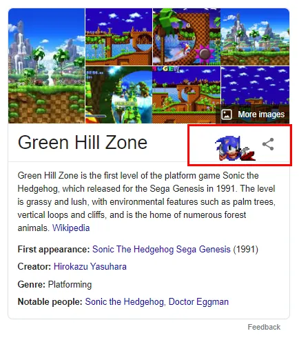 Sonic character in sidebar of Green Hill Zone search results