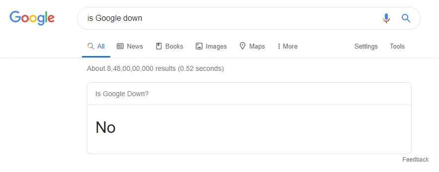 Google showing its own status as up when searching is Google down