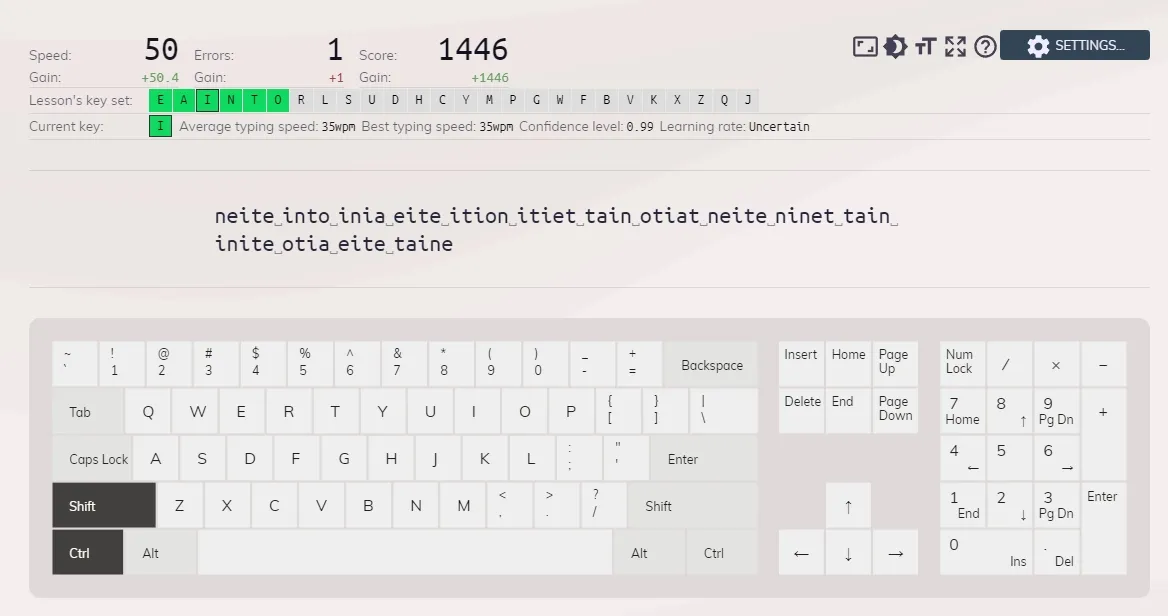 Keybr adaptive practice screen highlighting weak keys