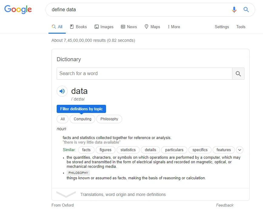 Google dictionary card showing word definition and pronunciation