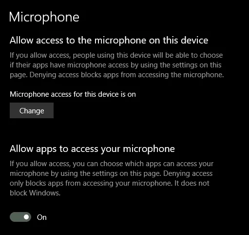 Windows 10 microphone privacy settings with app access enabled