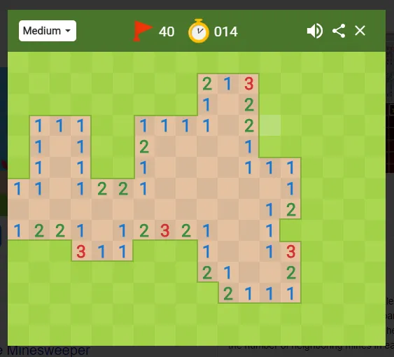 Minesweeper grid with numbered tiles on Google search