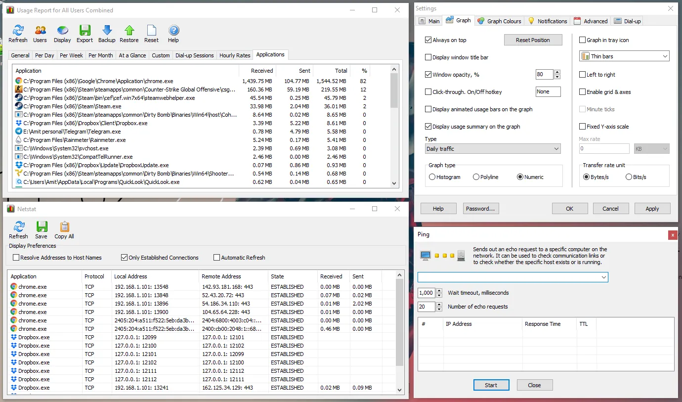 NetWorx bandwidth monitor showing real-time usage and tools