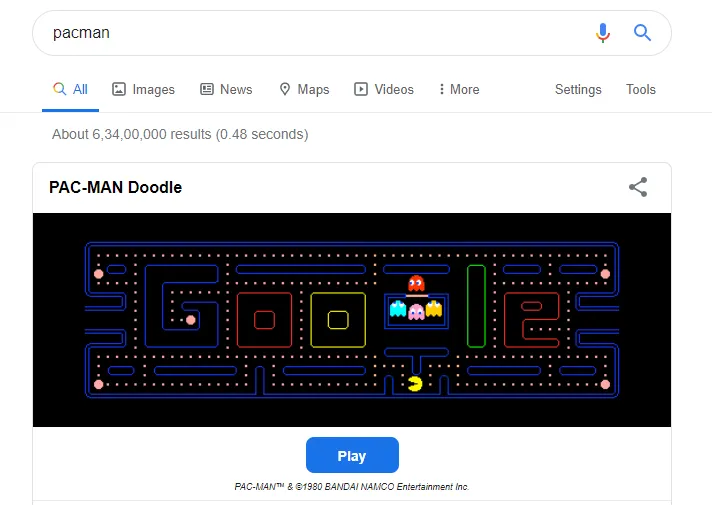 Pacman game running directly on Google search results