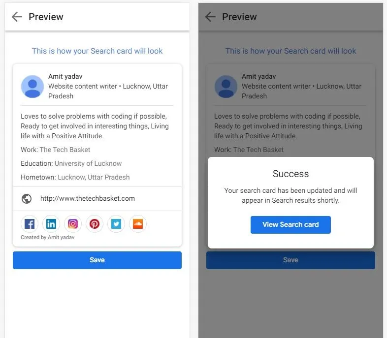 Preview of the saved Google Public Card with profile details