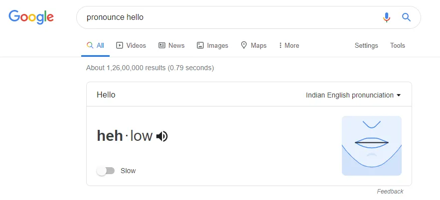 Google pronunciation tool with animated lip movement guide