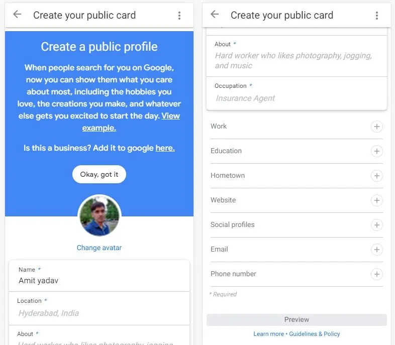 Google Public Card details form with name and occupation fields