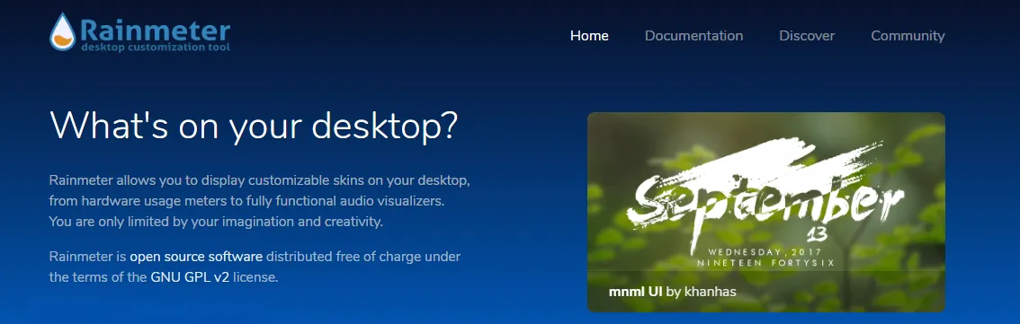 Rainmeter official website showing desktop customization examples