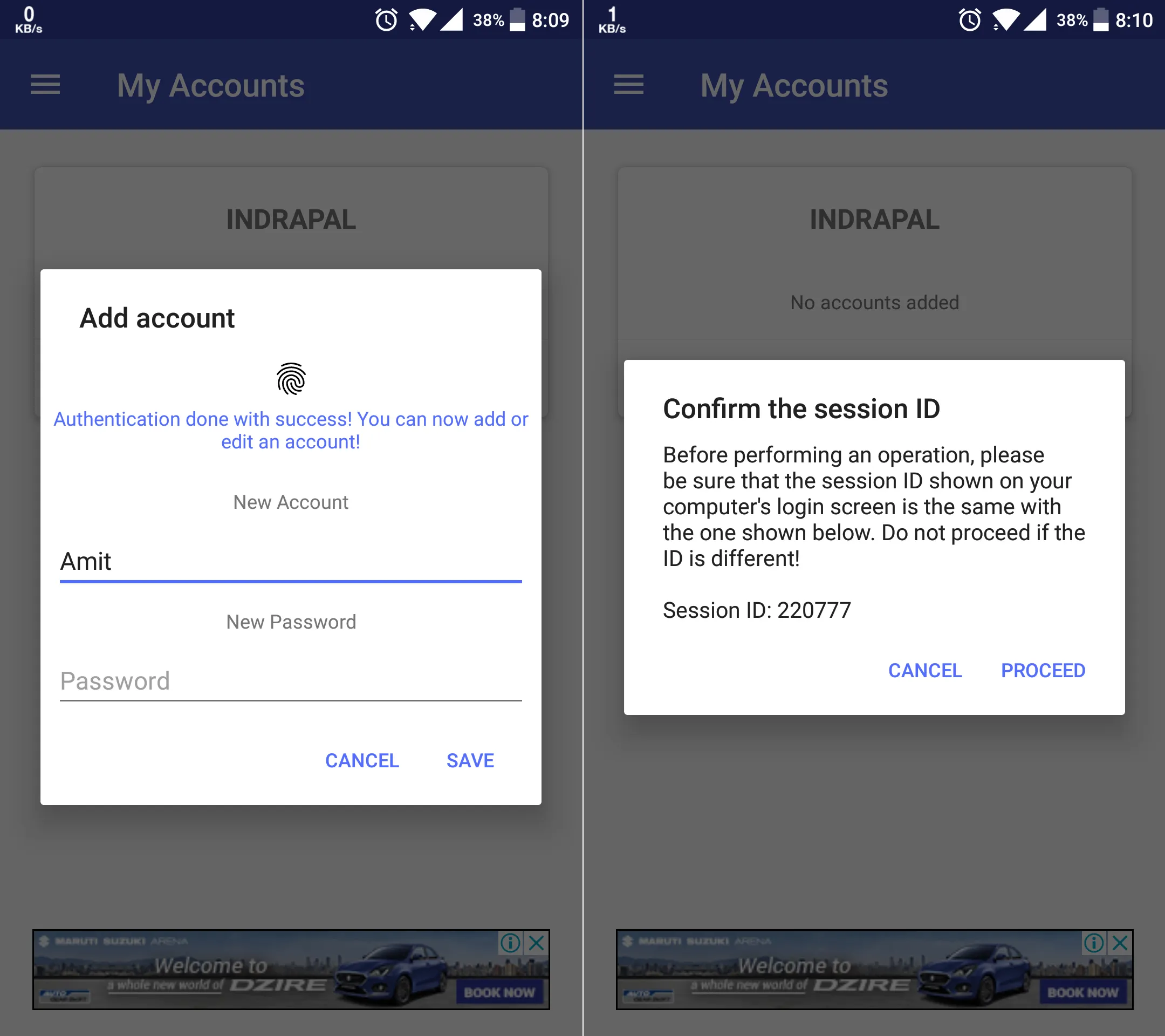 Remote Fingerprint Unlock app adding a PC and verifying session