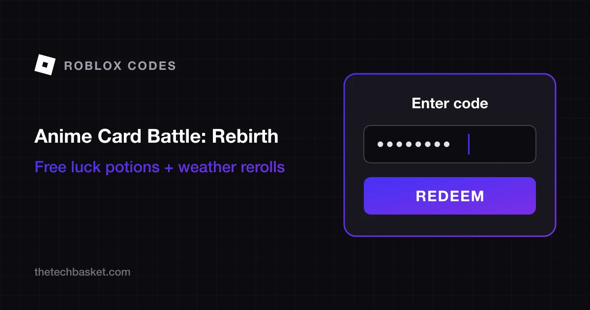 Anime Card Battle: Rebirth codes cover: Roblox mark, game name, free luck potions and weather rerolls, and a redeem code box