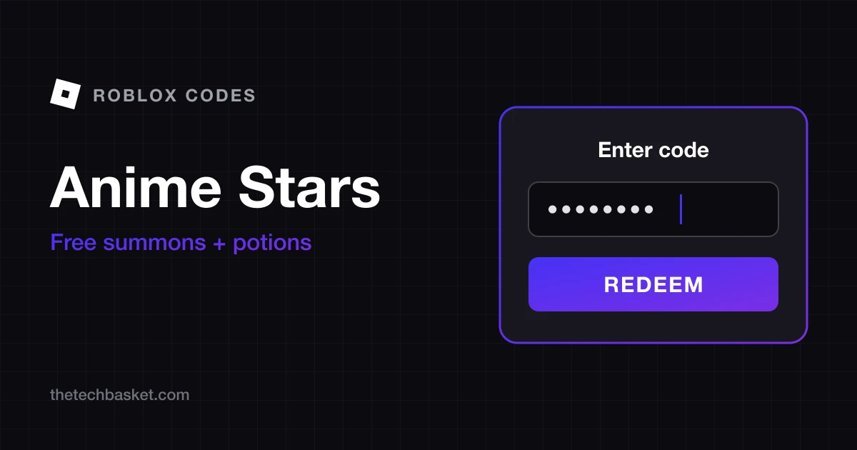 Anime Stars codes cover: Roblox mark, game name, free Summons and Potions, and a redeem code box