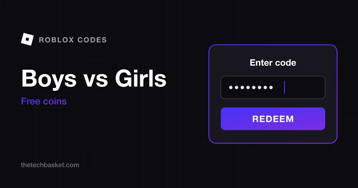 Boys vs Girls codes cover: Roblox mark, game name, free coins, and a redeem code box