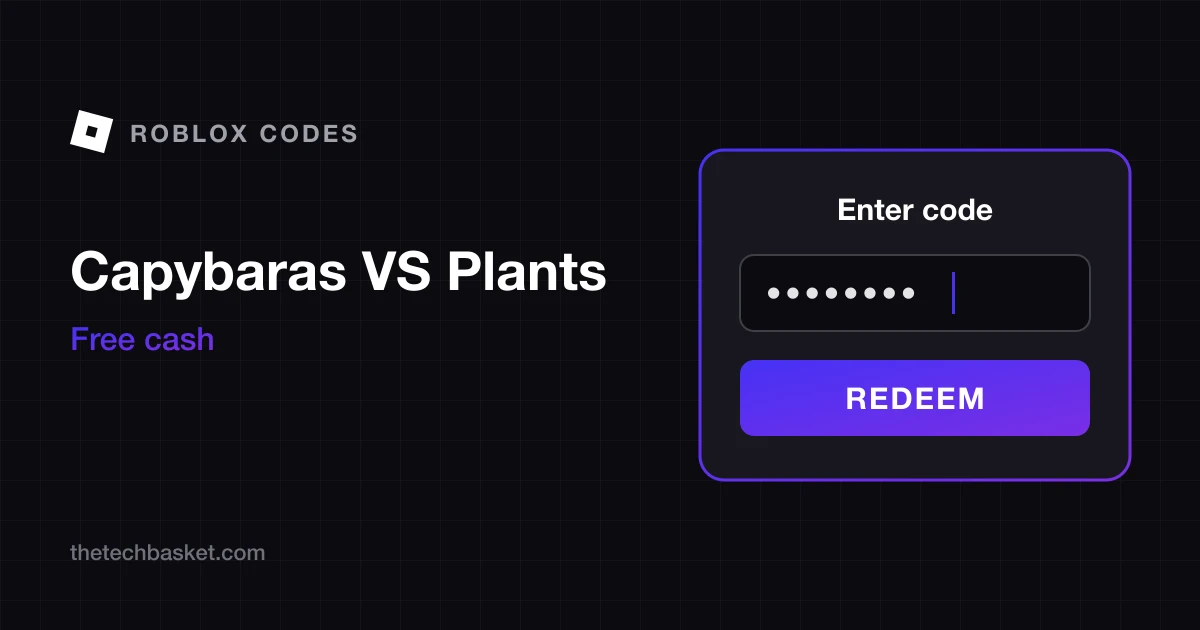 Capybaras VS Plants codes cover: Roblox mark, game name, free cash, and a redeem code box