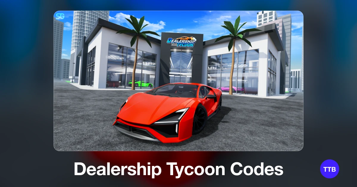 Dealership Tycoon codes cover: the official Roblox game image with the game name