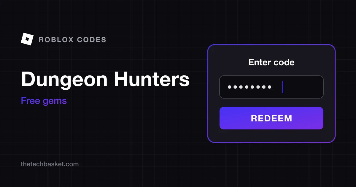 Dungeon Hunters codes cover: Roblox mark, game name, free gems, and a redeem code box