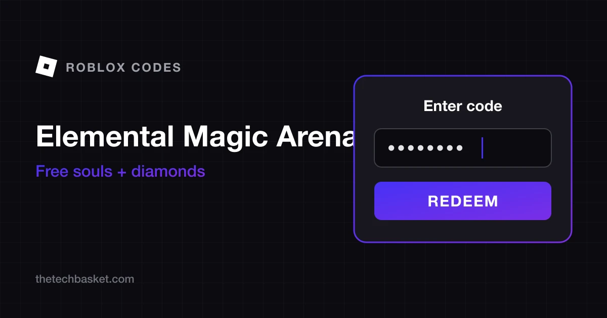 Elemental Magic Arena codes cover: Roblox mark, game name, free Souls and Diamonds, and a redeem code box