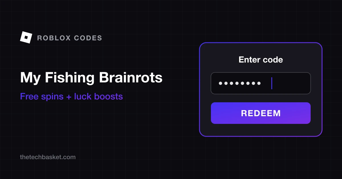 My Fishing Brainrots codes cover: Roblox mark, game name, free spins and luck boosts, and a redeem code box