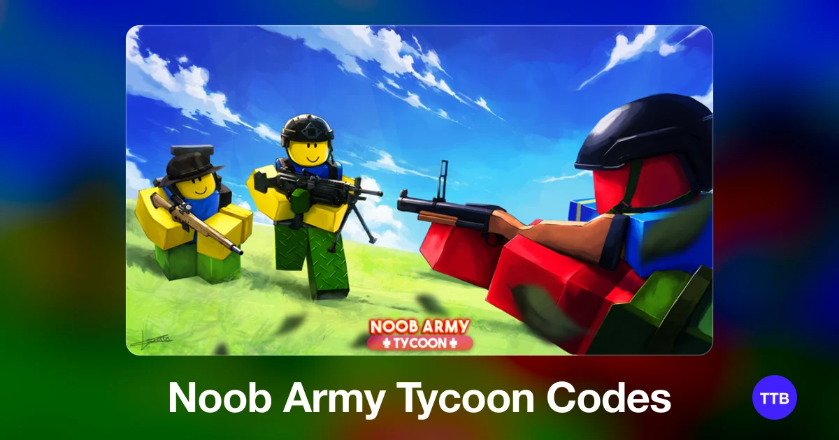 Noob Army Tycoon codes cover: the official Roblox game image with the game name