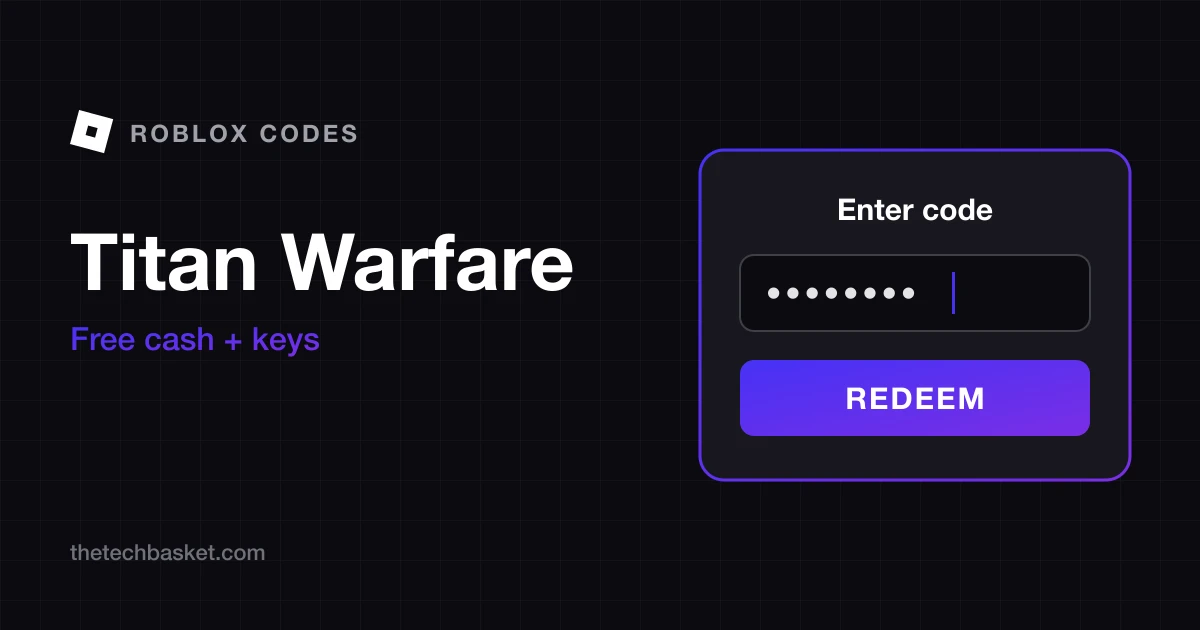 Titan Warfare codes cover: Roblox mark, game name, free cash and keys, and a redeem code box