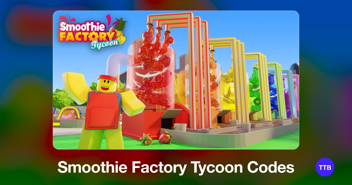 Smoothie Factory Tycoon codes cover: the official Roblox game image with the game name